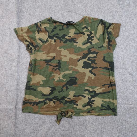 Sanctuary Top Womens Large Scoop Neck Camo Green Brown Knot Front Casual Tee - Picture 5 of 9